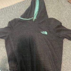north face, greyy hoodie with blue accents, medium, classic fit